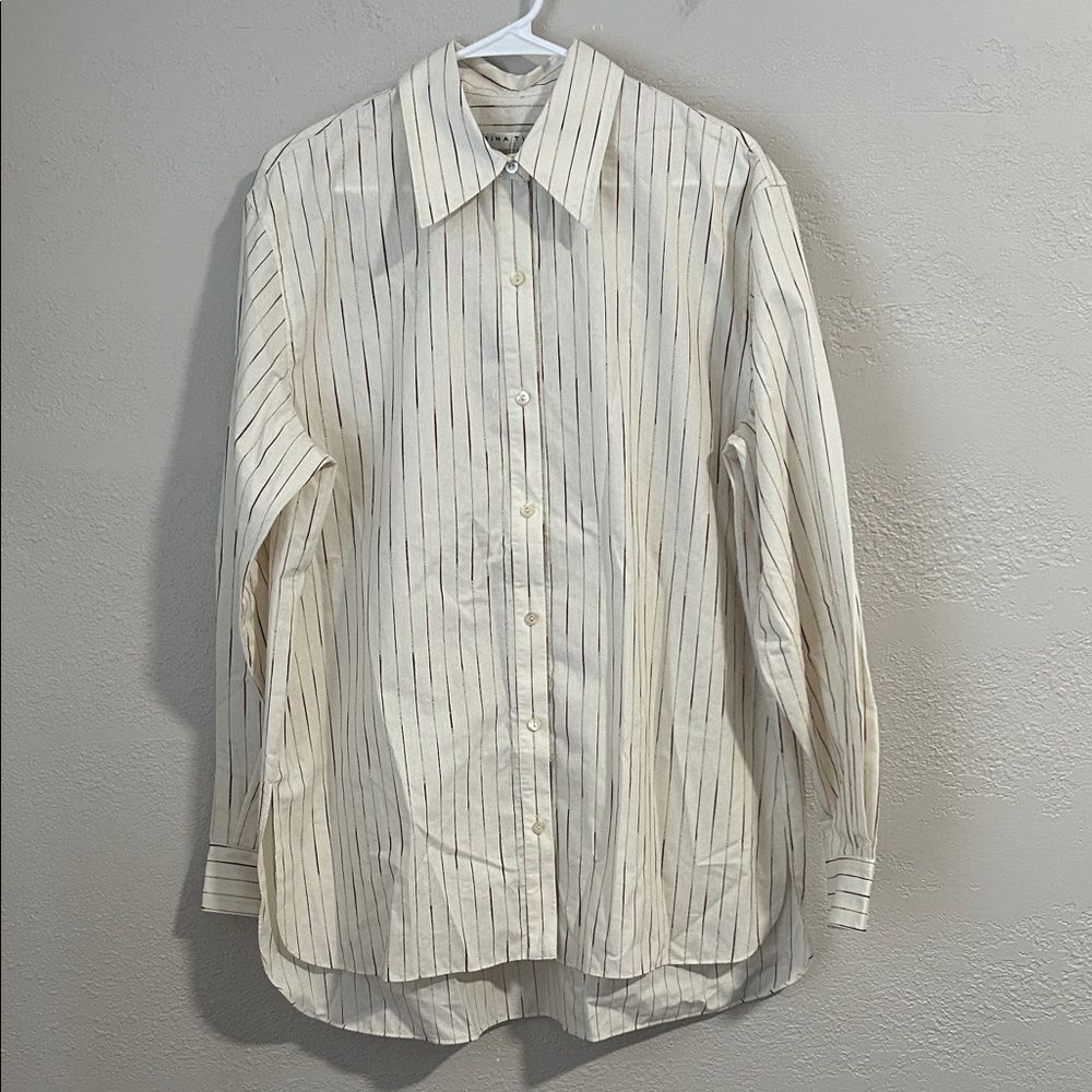Trina Turk Size L Litsa Silk Blend Button-Up Shirt in Off White / Camel